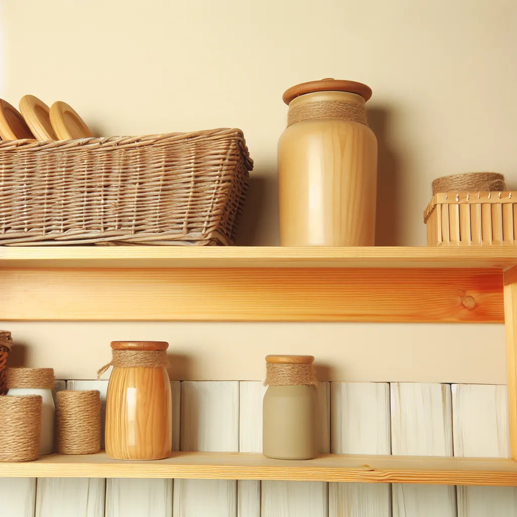 Organized woven baskets on wooden shelves