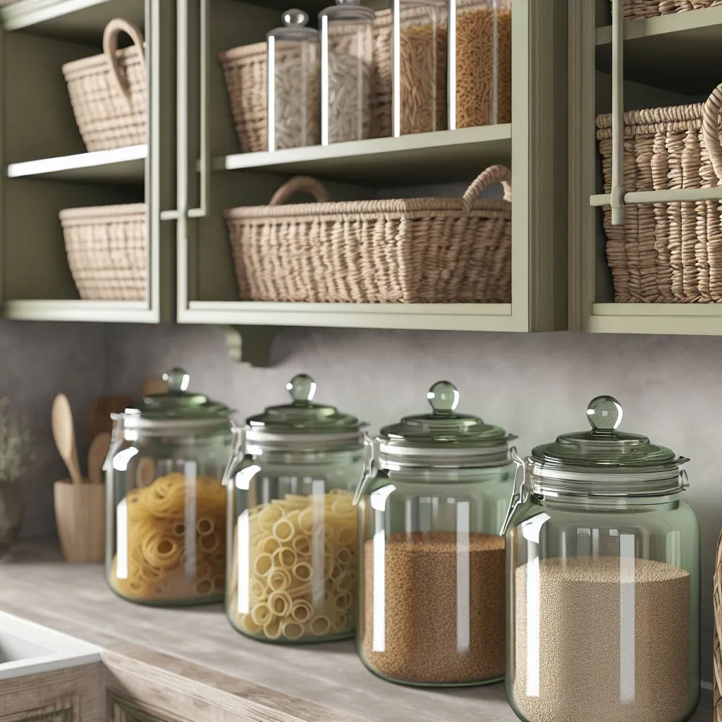 Organized open shelving with woven baskets and jars