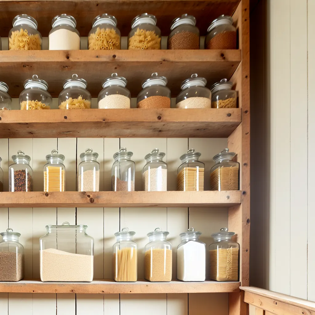 Glass jars perfectly aligned on rustic shelves