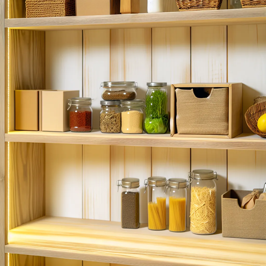 Fresh staples on rustic shelves